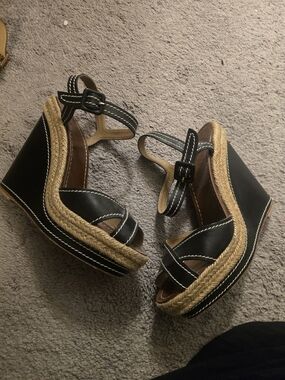 Christian Louboutin Black Espadrille Wedge Sandals with Braided Jute Trim
